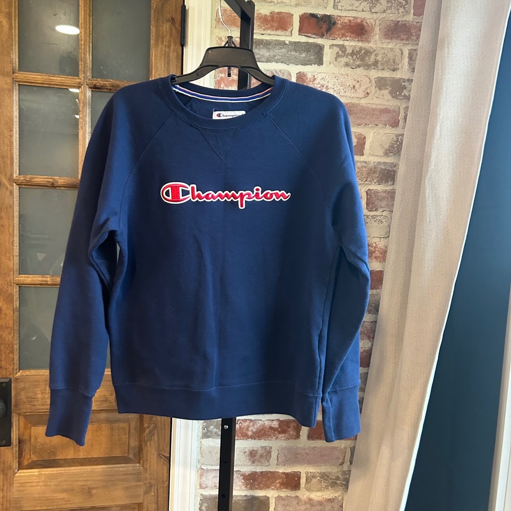 Champion Sweatshirt Men Navy Blue Embroidered Logo Raglan Pullover Retro M